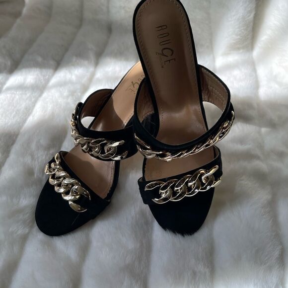 Rouge gold tone chain decor faux suede black heels size 9 - Picture 10 of 14